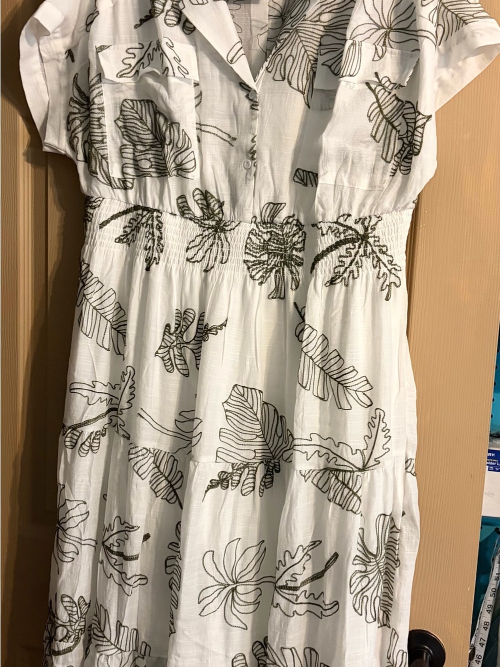 Women's White Tropical Leaf Print Shirred Waist Dress